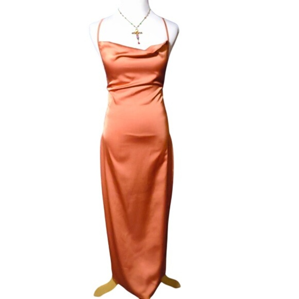 PrettyLittleThing Rust Satin Cowl Neck Lace Up Back Midi Dress US 6 NEW - Picture 11 of 16